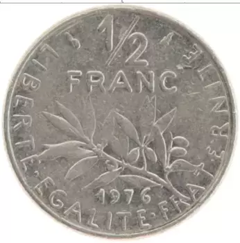 Монета 1/2 франка Франции 1976 года Медно-никель