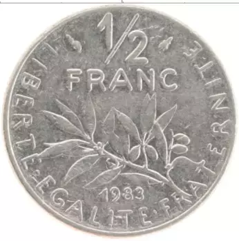 Монета 1/2 франка Франции 1983 года Медно-никель
