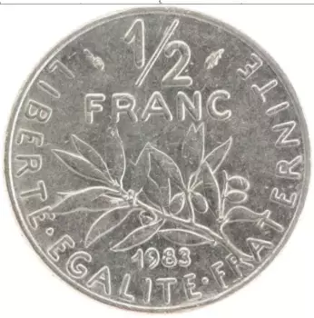 Монета 1/2 франка Франции 1983 года Медно-никель