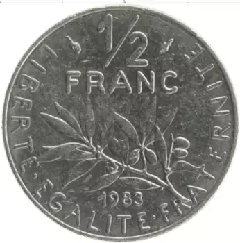 Монета 1/2 франка Франции 1983 года Медно-никель