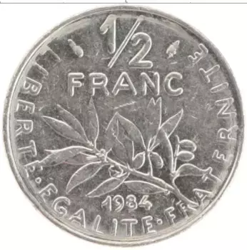 Монета 1/2 франка Франции 1984 года Медно-никель