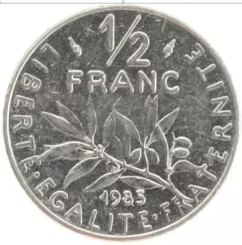 Монета 1/2 франка Франции 1985 года Медно-никель