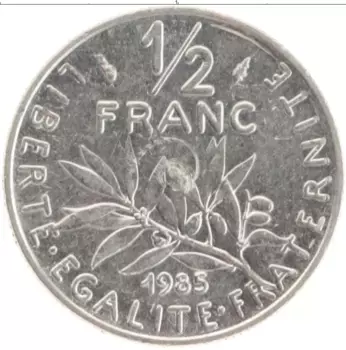 Монета 1/2 франка Франции 1985 года Медно-никель