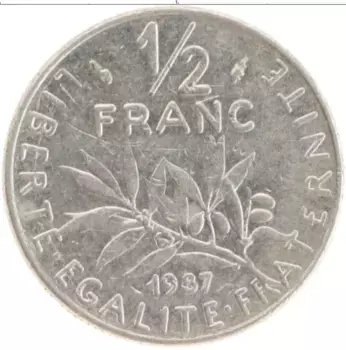 Монета 1/2 франка Франции 1987 года Медно-никель