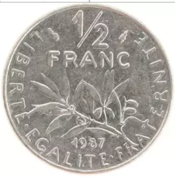 Монета 1/2 франка Франции 1987 года Медно-никель