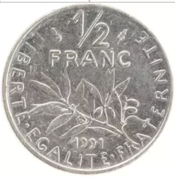 Монета 1/2 франка Франции 1991 года Медно-никель