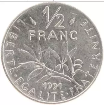 Монета 1/2 франка Франции 1991 года Медно-никель