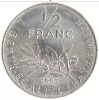 Монета 1/2 франка Франции 1993 года Медно-никель
