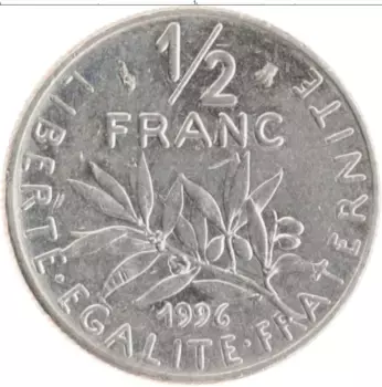 Монета 1/2 франка Франции 1996 года Медно-никель