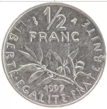 Монета 1/2 франка Франции 1997 года Медно-никель