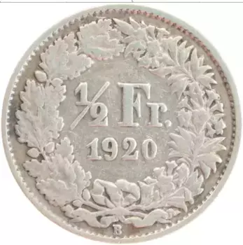 Монета 1/2 франка Швейцарии 1920 года Серебро