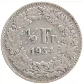 Монета 1/2 франка Швейцарии 1934 года Серебро
