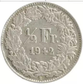 Монета 1/2 франка Швейцарии 1942 года Серебро