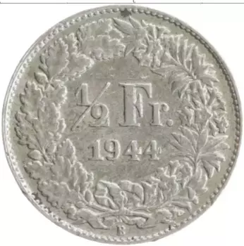 Монета 1/2 франка Швейцарии 1944 года Серебро