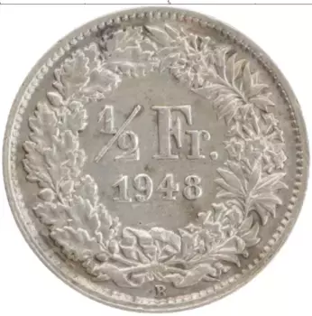 Монета 1/2 франка Швейцарии 1948 года Серебро