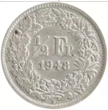 Монета 1/2 франка Швейцарии 1948 года Серебро