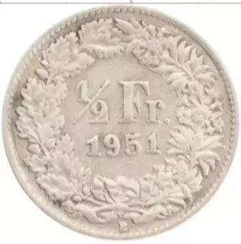 Монета 1/2 франка Швейцарии 1951 года Серебро