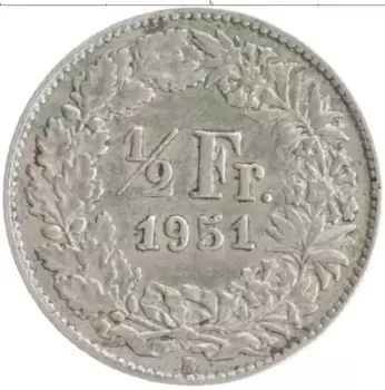 Монета 1/2 франка Швейцарии 1951 года Серебро