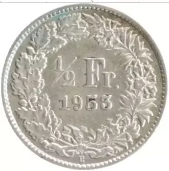 Монета 1/2 франка Швейцарии 1953 года Серебро