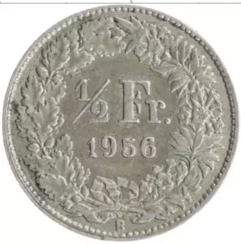 Монета 1/2 франка Швейцарии 1956 года Серебро