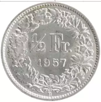 Монета 1/2 франка Швейцарии 1957 года Серебро