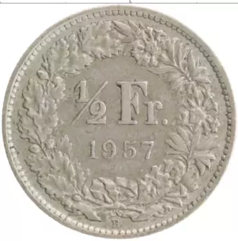 Монета 1/2 франка Швейцарии 1957 года Серебро