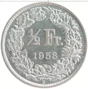 Монета 1/2 франка Швейцарии 1958 года Серебро