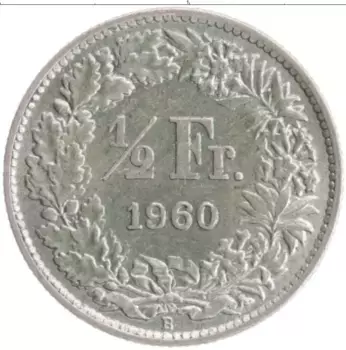 Монета 1/2 франка Швейцарии 1960 года Серебро
