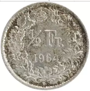 Монета 1/2 франка Швейцарии 1964 года Серебро