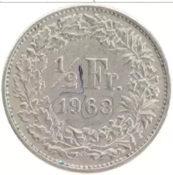 Монета 1/2 франка Швейцарии 1968 года Медно-никель