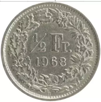 Монета 1/2 франка Швейцарии 1968 года Медно-никель