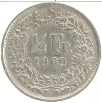 Монета 1/2 франка Швейцарии 1969 года Медно-никель