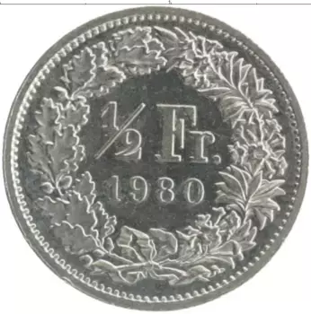 Монета 1/2 франка Швейцарии 1980 года Медно-никель