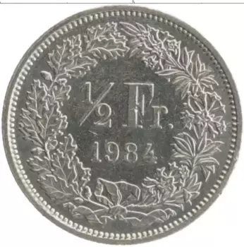 Монета 1/2 франка Швейцарии 1984 года Медно-никель