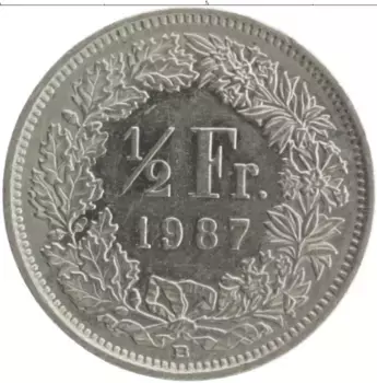 Монета 1/2 франка Швейцарии 1987 года Медно-никель