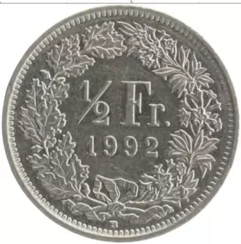 Монета 1/2 франка Швейцарии 1992 года Медно-никель