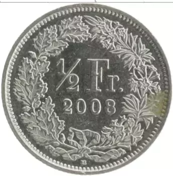 Монета 1/2 франка Швейцарии 2008 года Медно-никель