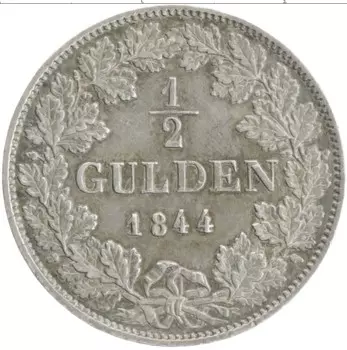 Монета 1/2 гульдена Бадена 1844 года Серебро Леопольд