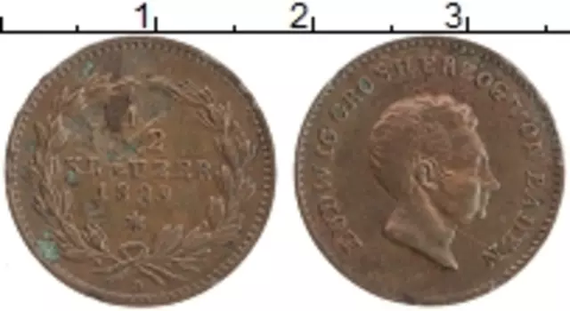 Монета 1/2 крейцера Бадена 1829 года Медь Людвиг
