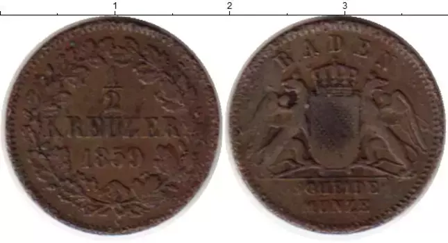 Монета 1/2 крейцера Бадена 1859 года Медь