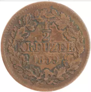 Монета 1/2 крейцера Бадена 1859 года Медь