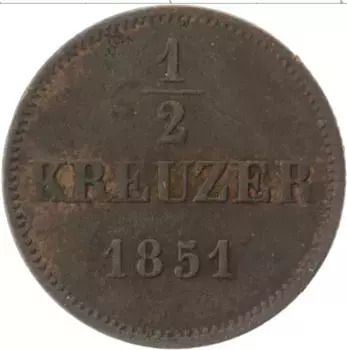 Монета 1/2 крейцера Баварии 1851 года Медь