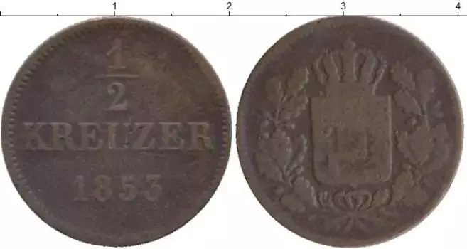 Монета 1/2 крейцера Баварии 1853 года Медь