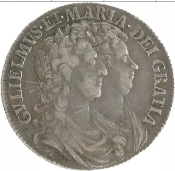 Монета 1/2 кроны Англии 1689 года Серебро Вильгельм и Мария