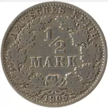 Монета 1/2 марки Германии 1905 года Серебро A