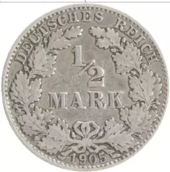 Монета 1/2 марки Германии 1905 года Серебро D