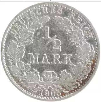 Монета 1/2 марки Германии 1905 года Серебро А