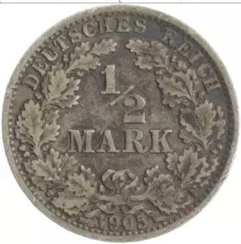 Монета 1/2 марки Германии 1905 года Серебро A