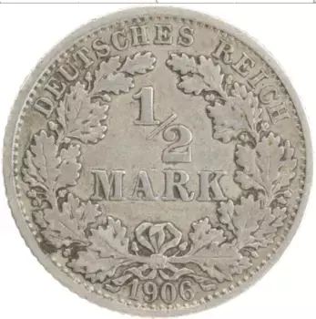 Монета 1/2 марки Германии 1906 года Серебро F