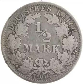 Монета 1/2 марки Германии 1906 года Серебро А